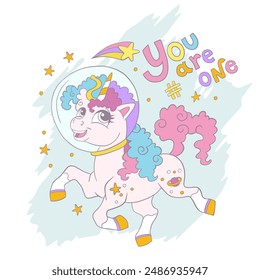 Cute unicorn cosmonaut. You are number one lettering. Vector illustration in pastel colors. Cartoon character. Postcards and stickers design. For print, sublimation, t shirt and clothes design, party