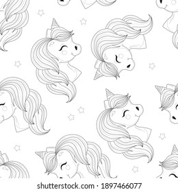 Cute unicorn creature head with stars seamless pattern sketch template. Cartoon vector illustration in black and white for games, background, pattern, decor. Coloring paper, page, story book, print