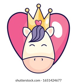 cute unicorn with crown and heart icon vector illustration design