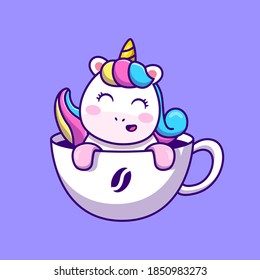 Cute Unicorn In Cup Coffee Cartoon Vector Icon Illustration Animal Food And Drink Icon Concept Isolated Premium Vector. Flat Cartoon Style