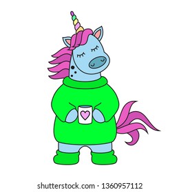 Cute unicorn with cup of tea, vector illustration