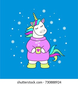 cute unicorn with cup of tea, vector illustration