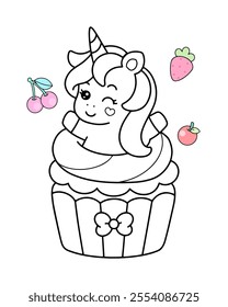 Cute unicorn cupcake coloring page illustration