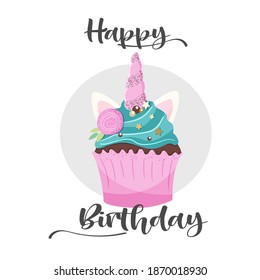 Cute Unicorn cupcake greeting card with happy birthday text. Vector illustration.