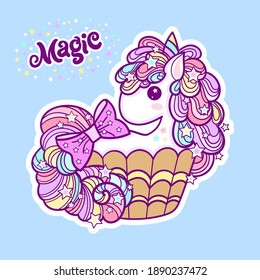 Cute unicorn cupcake on a blue background. Kawaii, child's drawing. Text magic. For the design of children's prints, posters, cards, stickers, badges. Vector