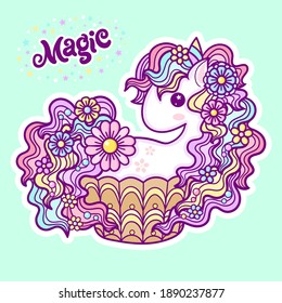 Cute unicorn cupcake on a green background. Kawaii, child's drawing. Text magic. For the design of children's prints, posters, cards, stickers, badges. Vector