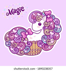 Cute unicorn cupcake on a pink background. Kawaii, child's drawing. Text magic. For the design of children's prints, posters, cards, stickers, badges. Vector