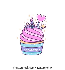 Cute unicorn cupcake on a white background. Unicake it's funny wordplay Unicorn and Cake. It can be used for sticker, patch, phone case, poster, t-shirt, mug and other design.