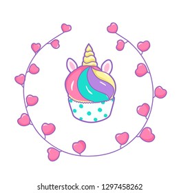 Cute unicorn cupcake on a white background. Beautiful, magic background with dreaming unicorn with golden horn, roses flowers , mint color cake, pink ribbon. Nursery print, t-shirt, poster
