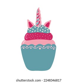 Cute unicorn cupcake on a white background. Unicake it s funny wordplay Unicorn and Cake. It can be used for sticker, patch, phone case, poster, t-shirt, mug and other design.