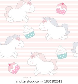 Cute unicorn with cupcake seamless pattern on white background