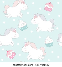 Cute unicorn with cupcake seamless pattern.