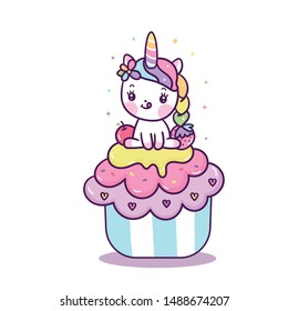 Cute Unicorn cupcake vector, Pony cartoon (Kawaii cupcakes): Fabulous fashion fairytale horse party invite- muffin graphic for invitation post, t-shirt, nursery décor, hand drawn on white background. 