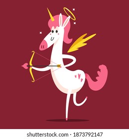 Cute unicorn cupid with bow and arrow. Vector cartoon character isolated on background.