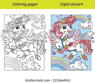 Cute Unicorn Cupid with bow and arrow flying in the sky with a rainbow and hearts. Coloring book page with color template. Vector cartoon illustration. For kids coloring, cards, print, design, puzzle.