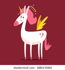 Cute unicorn cupid vector cartoon character isolated on background.
