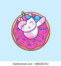 Cute Unicorn Dabbing With Doughnut Cartoon Vector Icon Illustration. Animal Food Icon Concept Isolated Premium Vector. Flat Cartoon Style