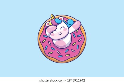 Cute unicorn dabbing with doughnut cartoon vector