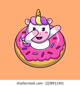 Cute Unicorn Dabbing With Doughnut Cartoon Vector Icons Illustration. Flat Cartoon Concept. Suitable for any creative project.