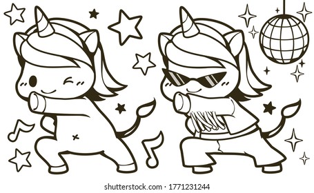 Cute unicorn dancing disco with sparkle, star and disco ball isolated on white background, Doodle cartoon style , Vector illustration, This design for sticker and Children's coloring page.