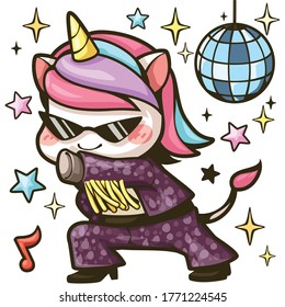 Cute unicorn dancing disco with star and disco ball isolated on white background, Cartoon style, Can be disassembled for decoration, Vector illustration.
