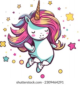 Cute unicorn is dancing like a star, flat vector illustration isolated on white background 