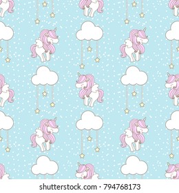 Cute unicorn decorated with cloud and star seamless pattern on light blue background and snow dot in pastel theme.