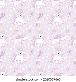 Cute  unicorn decorated with rainbow, diamond, heart shape and cloud seamless pattern on purple  background with snow dot.