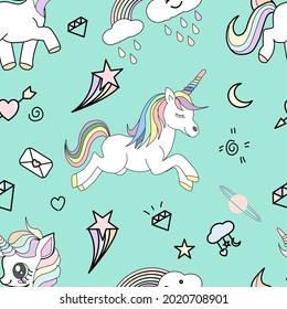 Cute  unicorn decorated with rainbow, diamond, heart shape, star and cloud seamless pattern on green background