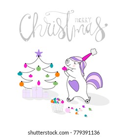 Cute Unicorn decorates the Christmas tree. Cartoon Merry Christmas greeting card. Happy Winter Holidays vector illustration design. Xmas or New Year digital background