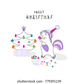Cute Unicorn decorates the Christmas tree. Cartoon Merry Christmas greeting card. Happy Winter Holidays vector illustration design. Xmas or New Year digital background