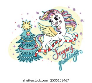 Bonito unicórnio decorando árvore de Natal. X mas card, feliz ano novo desenho animado animal. Ilustração vetorial. Para festival de inverno, celebração, festa, impressão, cartões, convite, sublimação e design de roupas