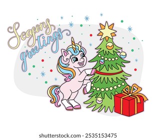 Bonito unicórnio decorando árvore de Natal. X mas card, feliz ano novo desenho animado animal. Ilustração vetorial. Para festival de inverno, celebração, festa, impressão, cartões, convite, sublimação e design de roupas