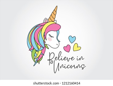 Cute unicorn with decorative "believe in unicorns" text