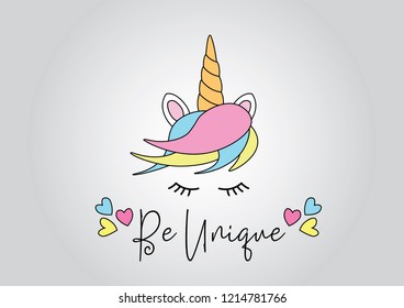 Cute unicorn design with colorful hearts and decorative handwritten text
