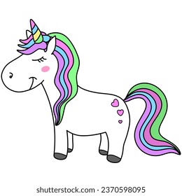 Cute unicorn design on white background, print for t-shirt, illustration for children.