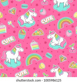 Cute Unicorn ,dessert And Fruit Seamless Pattern With Pink Background