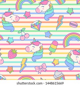 Cute Unicorn, Dessert, Rainbow And Star With Colorful Stripes Seamless Pattern Background.
