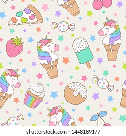 Cute unicorn and dessert seamless pattern with star background