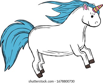 Cute unicorn with a different horn. Children's illustration, decor for the nursery. For design prints, posters, postcards, stickers. Color vector illustration, cartoon.