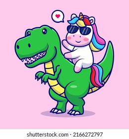 Cute Unicorn With Dino Cartoon Vector Icon Illustration. Animal Nature Icon Concept Isolated Premium Vector. Flat Cartoon Style