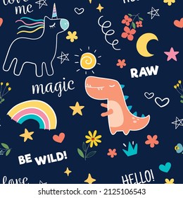 Cute unicornio, dinosaurio, arcoiris, flores y decoración de tex. Diseño de fondo de textura de patrón de repetición sin inconvenientes para telas de moda, gráficos textiles, impresiones, etc.