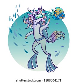 Cute unicorn in a diving suit and fins swimming underwater with scuba.