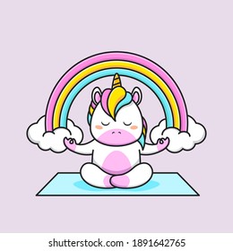 cute unicorn do meditation with rainbow background