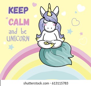 Cute unicornio haciendo meditación sentada en un arcoiris en el cielo. Ilustración vectorial.