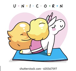 Cute unicorn doing yoga on white background