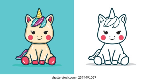 A cute unicorn doll cartoon illustration for a sticker, design element, or coloring book element