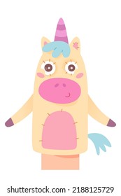 Cute Unicorn Doll For Kids Puppet Show Vector Illustration. Cartoon Isolated Colorful Plush Sock Toy, Marionette To Play Puppetry In School Theater, Fantasy Animal Character From Childrens Story