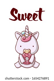 Cute unicorn with donut cartoon kawaii sweet flat hand drawn isolated on white background print