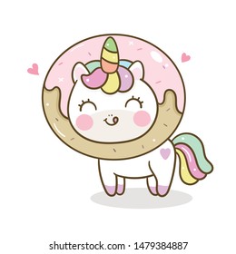 Cute Unicorn donut cartoon pony vector, Happy birthday food party, Kawaii animal, Nursery decoration, hand drawn doodle style of fairytale horse. Magic for kid's greeting card design, fashion artworks